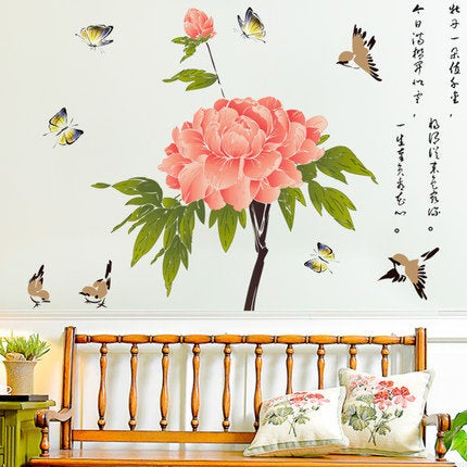 Romantic Peony Flower With Bird Print Wall Decals Chinese Style Living Room Stickers Girls Peel And Stick