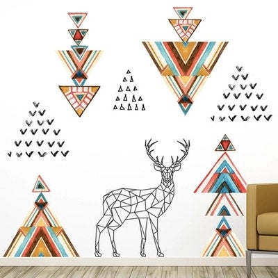 Elegant India Style Buck Deer Wall Sticker - Yellow Geometry Murals - Classical Living Room Home Decor - Removable Wall Decal - Watercolor