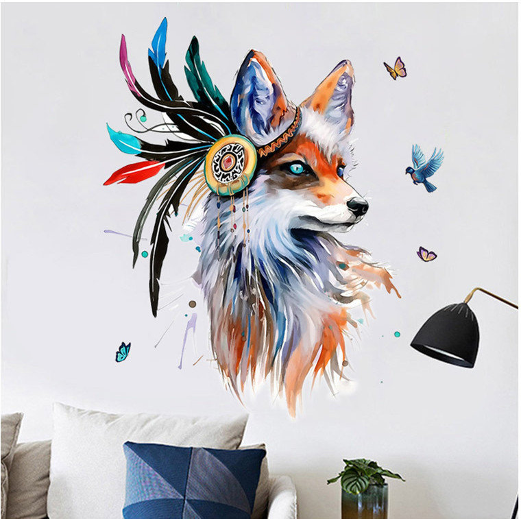Elegant Wolf Head Colorful Feathers Wall Sticker - Wolf King Living Room Decors - Boys Room Decal - Removable Kids House Mural - Peel Stick