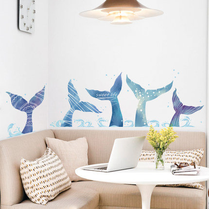 Dream Ocean Blue Tail Of Cute Little Whale Wall Decals - Kids Room Home Decors - Lovely House Decoration - Removable Baby Boy Stickers