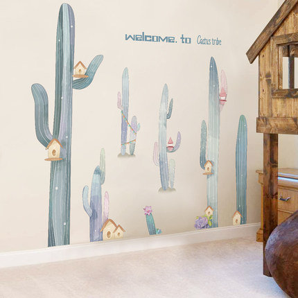 Dark Green Cactus Tribe Home Decor - Watercolor Fresh Decals - Tropical House Mural - Living Room Vinyl Wall Sticker - Creative Greenery