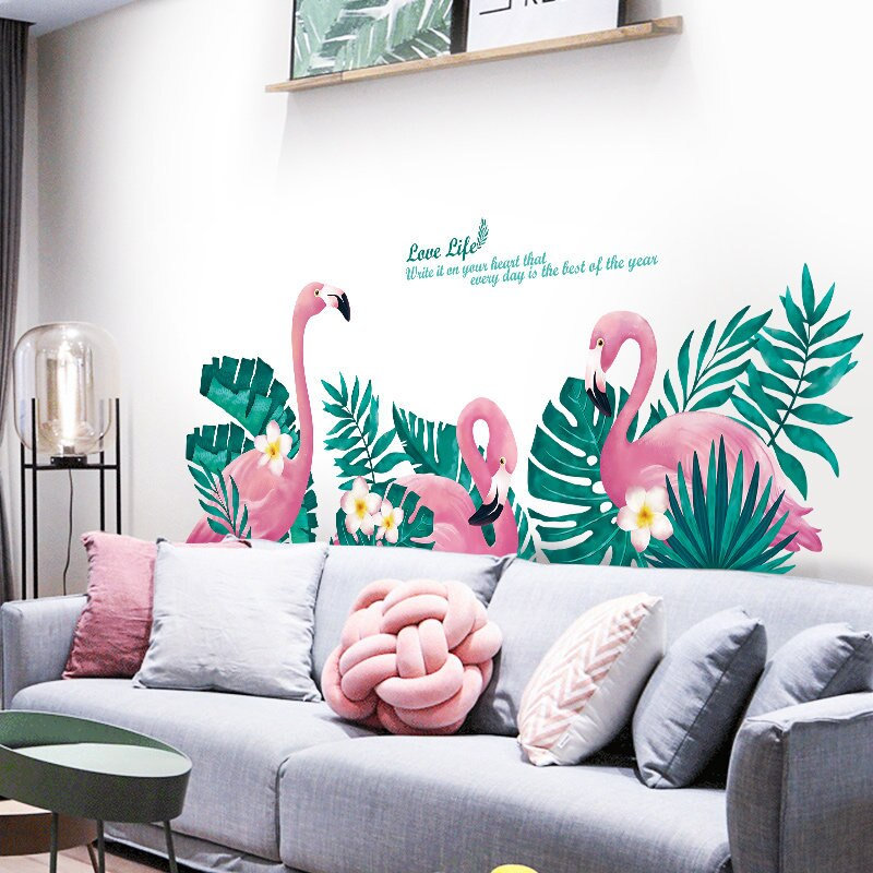 Flamingo Butterfly Kicking Line Decal - Leaf Plant Decals - Tropical Home Wallpaper - Vinyl Wall Sticker - Creative Watercolor Floral Girl