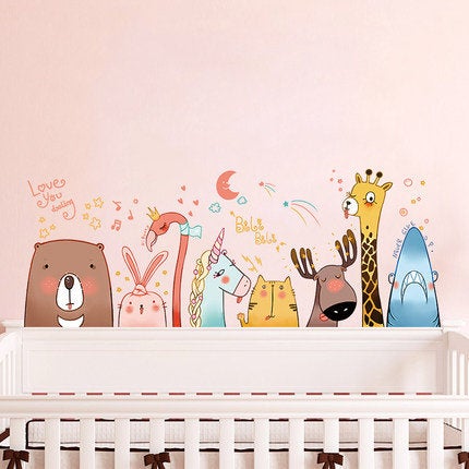 Animal Friends Kids Bedroom Stickers Giraffe Bear Home Decor Colorful Baby Crib Wall Decals Nursery Boy Baby Cot Mural Fish Bird Rabbit Girl