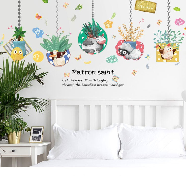 Custom Size Cute Hanging Animal Patron Saint Wall Stickers - Tropical Leaf Decal - Nature Plant Bedroom Home Decor - Creative Greenery Mural