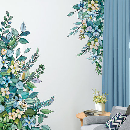 Hand Painted Style Charm Green Blue Corner Leaf Wall Sticker- Nature Plants Fruit Flower Living Room Decor - Leaves Home Mural - Peel Stick