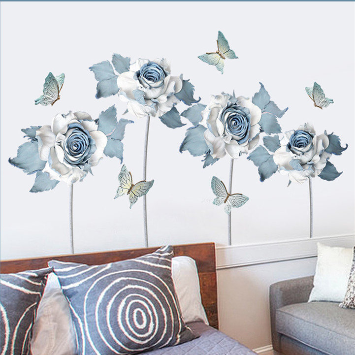 Girls Charm Blue Purple Flowers With Butterflies Room Decal - Nature Home Decor - Plants Removable Wall Stickers - Kids Bedroom - Peel Stick