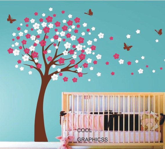 Vinyl Wall Decal ,large Wind Cherry Blossom Flower, Tree With Butterfly Home Wall Decals ,wall Sticker Stickers ,baby Room Girl Kid H888