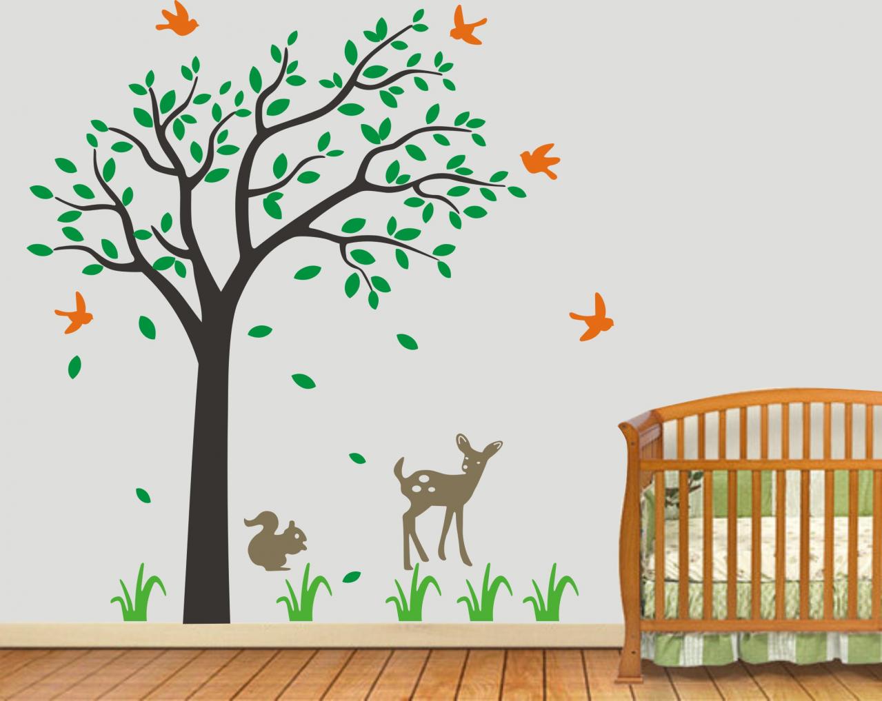 Wall Decal Cute Deer Squirrel Tree With Birds Leaf Grass Nursery Vinyl Home Art Decals Wall Sticker Stickers Kids Room Bed Baby Kid H562