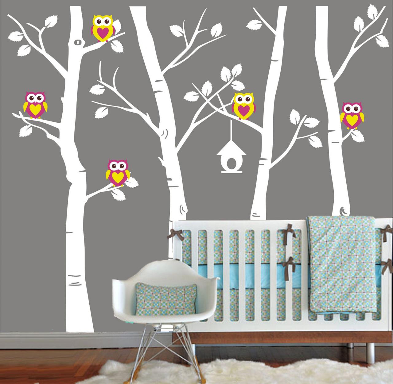 Nursery Vinyl Wall Decal Cute Owl Family Birch Tree Decals Trees Owls Bird Birds Home House Art Wall Stickers Baby Room Kid H827