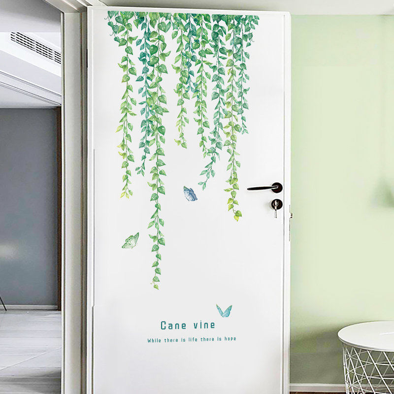 Hanging Cane Vine Wall Stickers - Green Leaves And Butterfly Decals - Tropical Home Decor - Removable Creative Garden Mural - Peel And Stick
