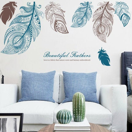Large Beautiful Feathers Wall Decals - Blue Brown Tropical Home Decor - Removable Vinyl Wall Stickers - Creative Words Living Room Murals