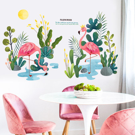 Flamingo By The Water And Plants Decal - Nursery Kids Decals - Tropical Home Wall Art - Fresh Green Wall Sticker - Botany Living Room Decor