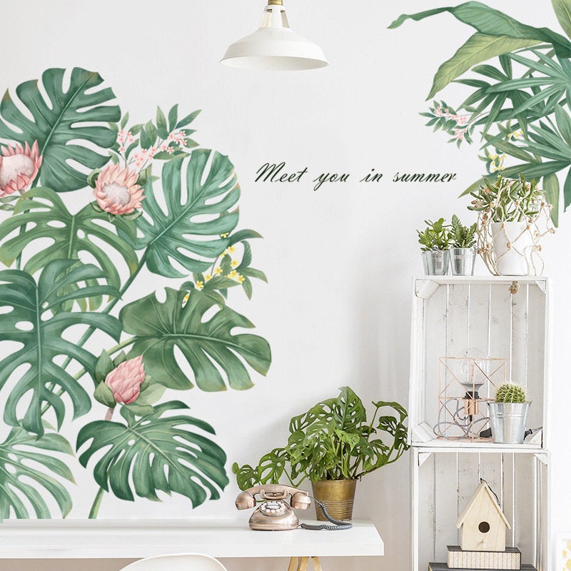 Corner Monstera Green Leaf With Flower Living Room Home Decor - Quotes Plant Botanical Wall Sticker - Greenery Wall Decals Room Murals