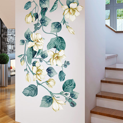 Romatic Hanging White Golden Magnolia Flower Wall Sticker - Nature Green Plants Living Room Decal - Charm Floral Girls Room Home Decor