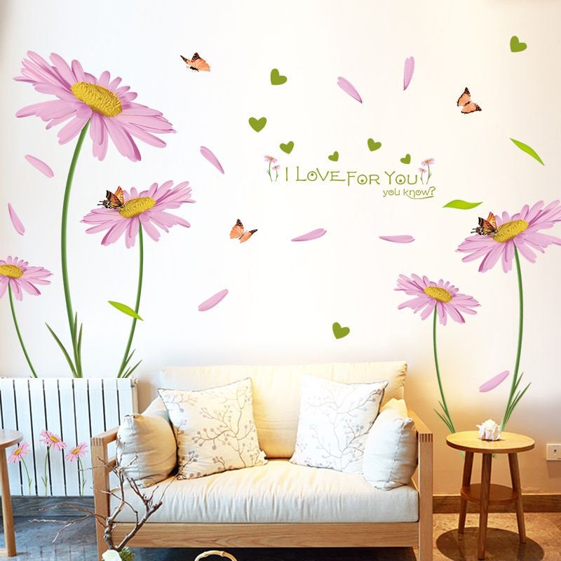 Romantic Pink Chrysanthemums Flower Butterfly Wall Decals Art Waterproof Living Room Girls Well Decor Wall Art Prints Peel And Stick Bedroom