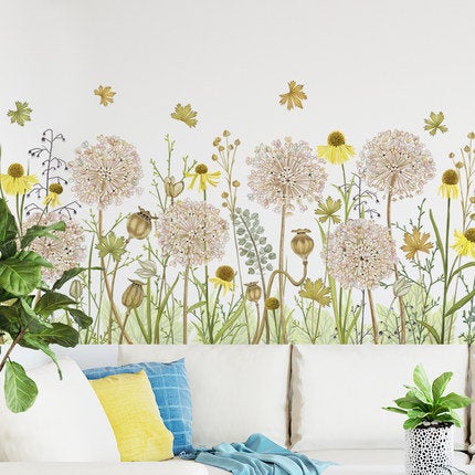 Romatic Growing Yellow Dandelion Flower Decal - Nature Plants Living Room Wall Stickers - Charm Floral Botany Home Decor