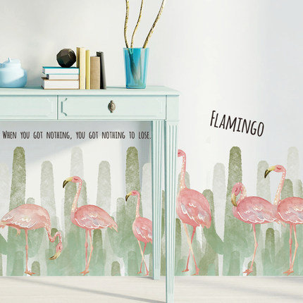 Tropical Green Vinyl Wall Decal Pink Flamingo Home Decor - Fresh Unique Quotes House Stickers - Creative Greenery Plants Living Room Mural