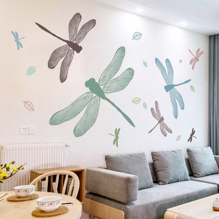 Large Tropical Wall Sticker Watercolor Flying Dragonfly Decal Vinyl Home Decor Removable Creative Sticker Simple Murals For Living Room