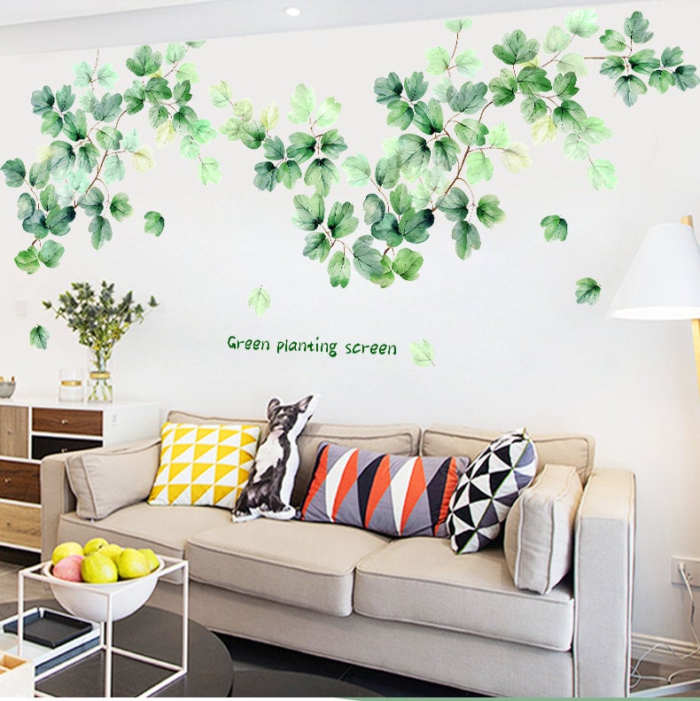 Large Green Planting Screen Leaf Wall Stickers - Greenery Lover Decals - Living Room Couch Background Decor - Natural Plants Home Decor