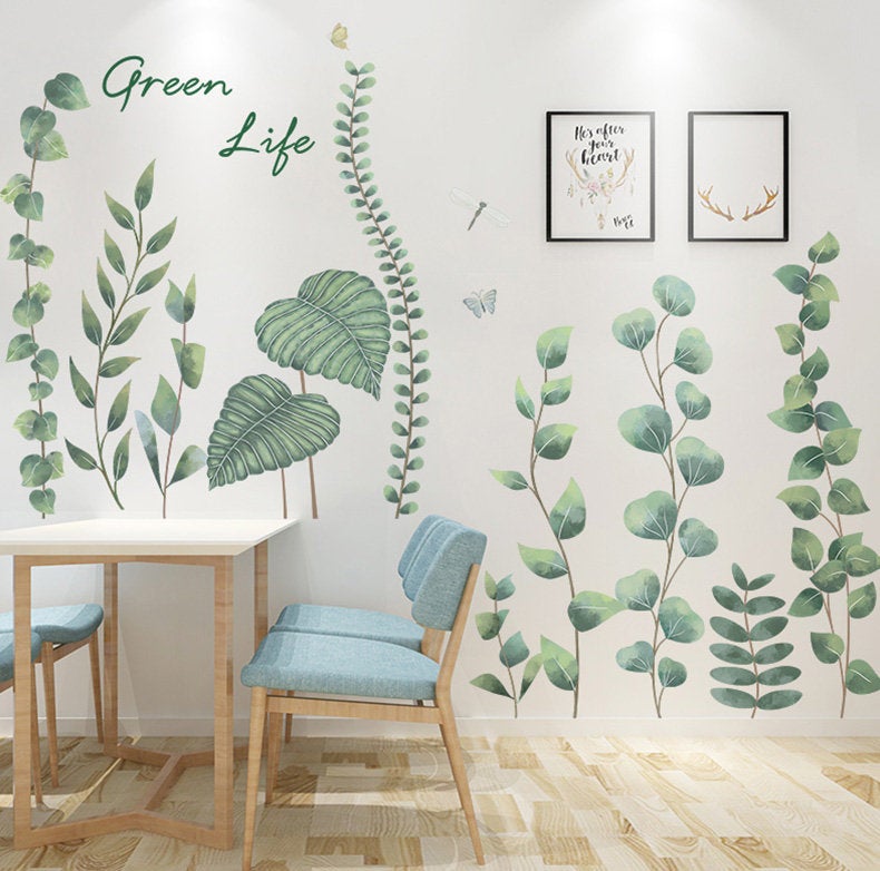 Unique Growing Plants Wall Sticker - Green Garden Botany Home Decor - Greenery Peel And Stick Wall Decals - Tropical Removable House Mural