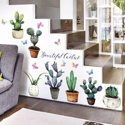 Living Room Home Decor Mini Cactus Trees In Pots Wall Decals Plants Garden Tropical Vinyl Wall Stickers Creative Wall Mural Stairs Removable
