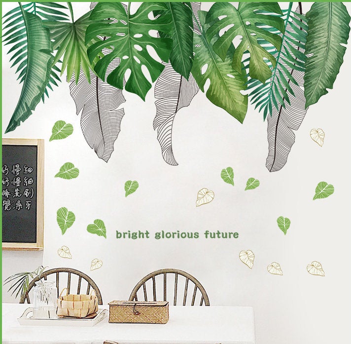 Fresh Hand Painted Green Banana And Monstera Leaf Decal - Nature Plants Living Room Wall Stickers - Tropical Botanical Leaves Home Decor