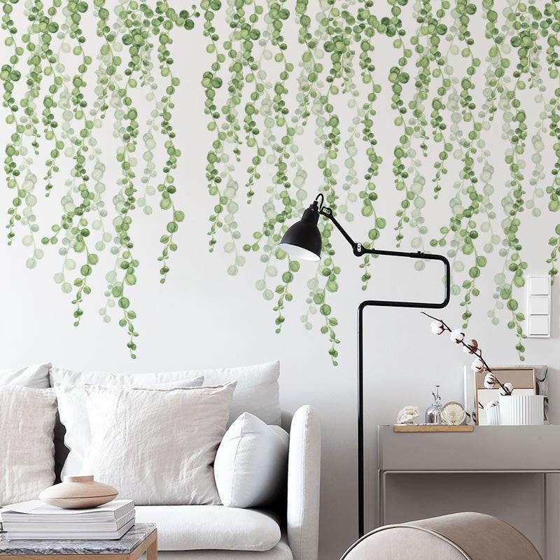 Hanging Tender Leaf Vine Branch Green Wall Decal, String Of Pearls Wall Stickers, Dropping Round Leaves Living Room Wall Decor,peel Stick