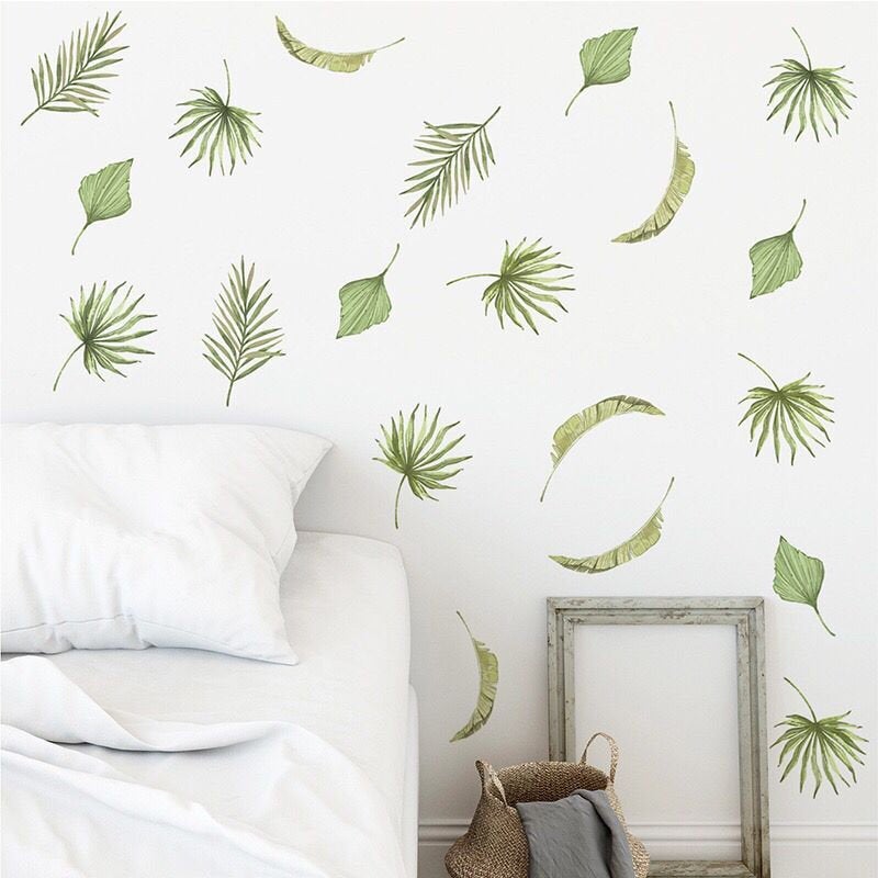 Tropical Fresh Green Falling Leaves Wall Sticker Separate Blade Leaf Wall Decal, Natural Wall Mural, Living Room Decor , Peel And Stick E114