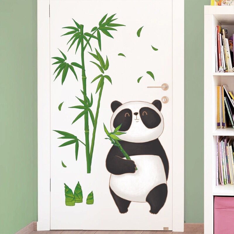 Big Panda Holds Bamboo Wall Sticker Green Bamboo Tree Planting Wall Decal, Living Room Decor,peel And Stick Nature Mural E096