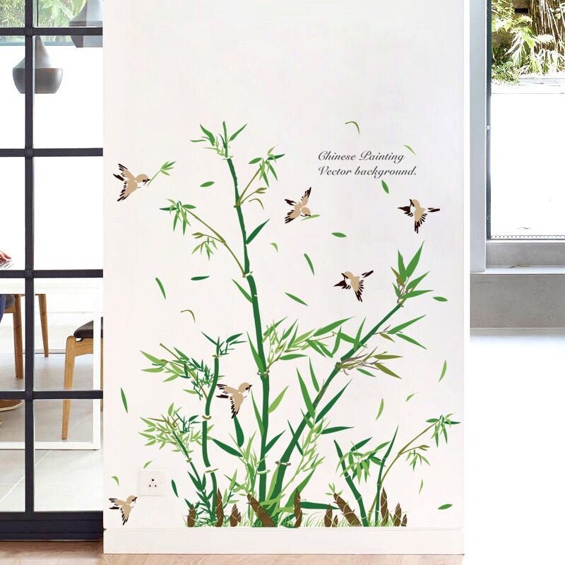 Green Bamboo Tree And Flying Birds Wall Sticker Bamboo Shoots Planting Wall Decal, Living Room Decor,peel And Stick Nature Mural E094