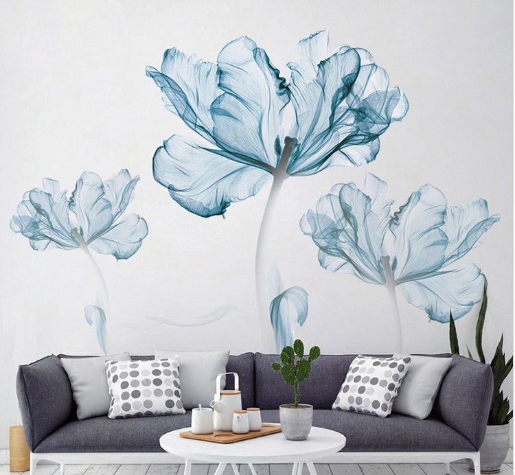Three Big Blue Flowers Wall Sticker ,sofa Background Large Floral Wall Decal , Living Room Wall Decor , Peel And Stick -girls Room