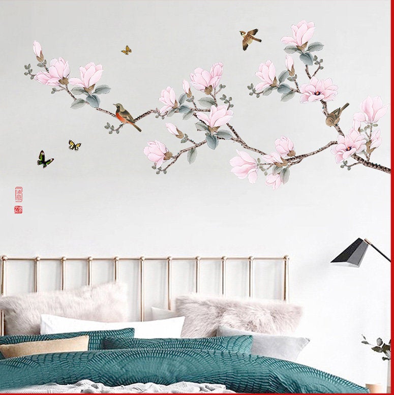 Pink Peach Blossom Tree With Birds Wall Sticker Chinese Style Flowers Wall Decal, Natural Botany Living Room Wall Decor , Peel Stick