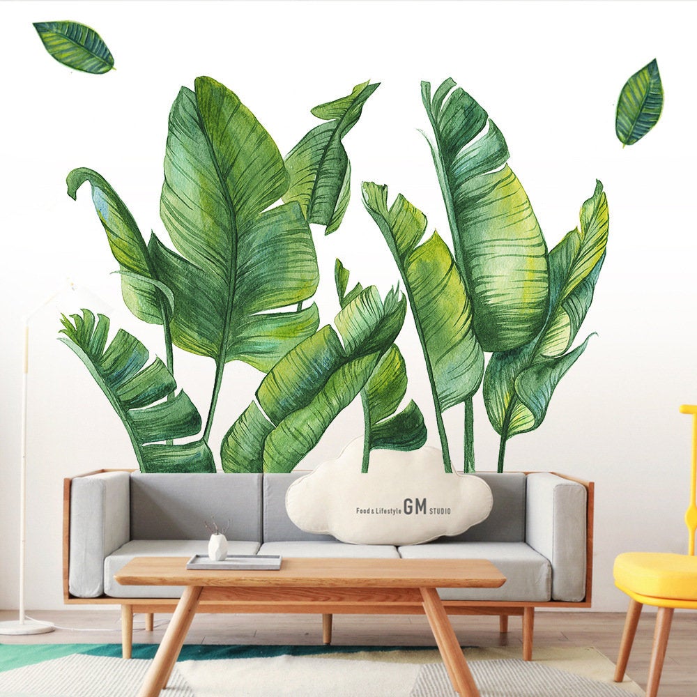 Big Fresh Green Banana Leaves Wall Sticker, Natural Plants Wall Stickers, Living Room Wall Decor ,creative Large Leaf Murals , Peel Stick