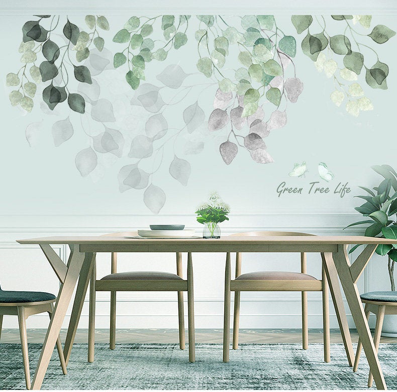 Large Green And Grey Leaf Wall Stickers, Quotes And Plants Wall Decal, Greenery Lover Hanging Leaves Wall Mural, Living Room Home Decor