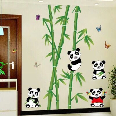 Green Bamboo Tree And Cut Pandas Wall Sticker Green Leaves Planting Wall Decal, Shelves Kids Room Decor,peel And Stick Nature Mural E091