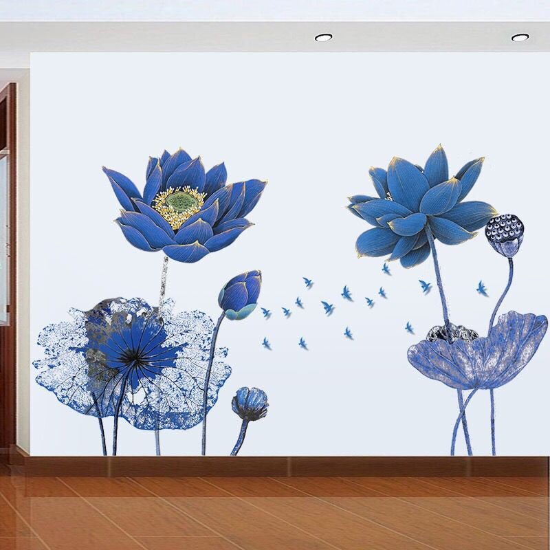 Blue Purple Lotus Plants Wall Sticker Leaves Planting Wall Decal,natural Botany Birds Wall , Living Room Wall Decor , Peel And Stick E089