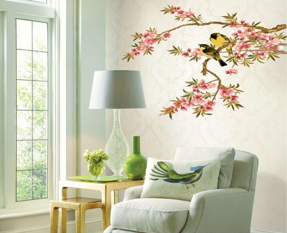 Pink Peach Blossom Tree & Oriole Bird Wall Sticker ,romantic Flower Girls Room Decal,floral Sofa Background Living Room Decor E086