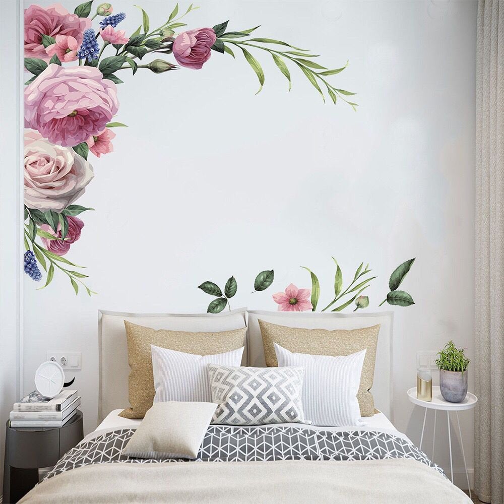 From The Corner Of The Ceiling Pink Peony Flower Wall Sticker ,romantic Floral Decal,leaves Plants Bed Headboard Decor,peel And Stick E084