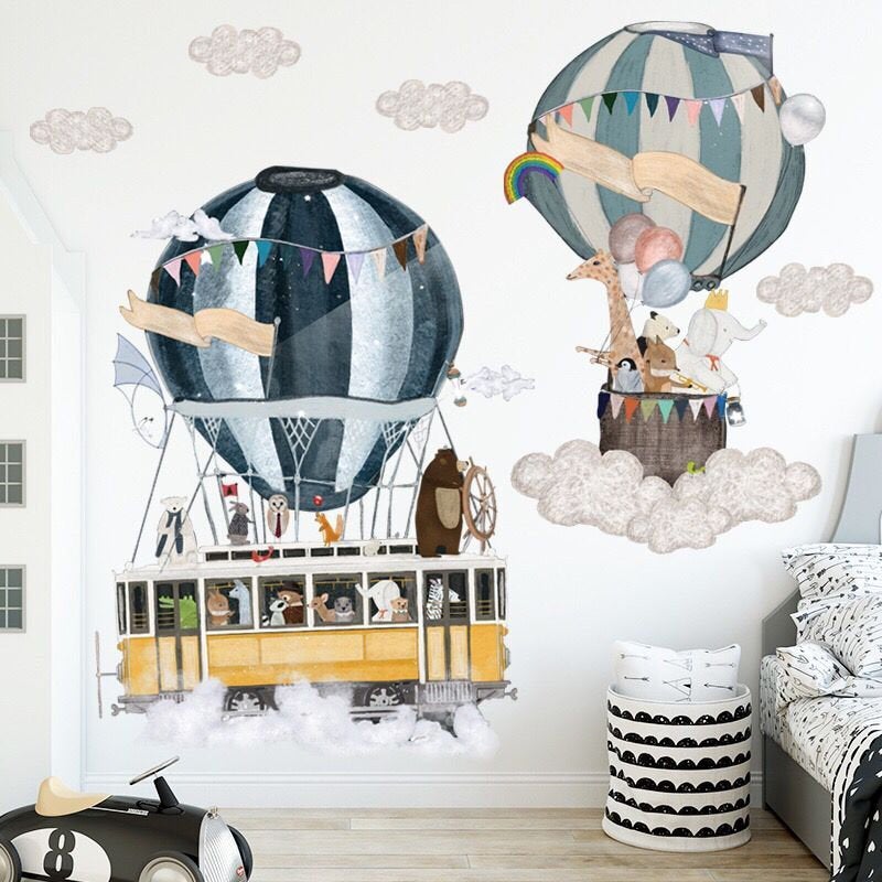 Cute Blue Air Balloon Wall Sticker Kids Cartoon Animal And Cloud Wall Decal, Baby Room Decor,peel And Stick