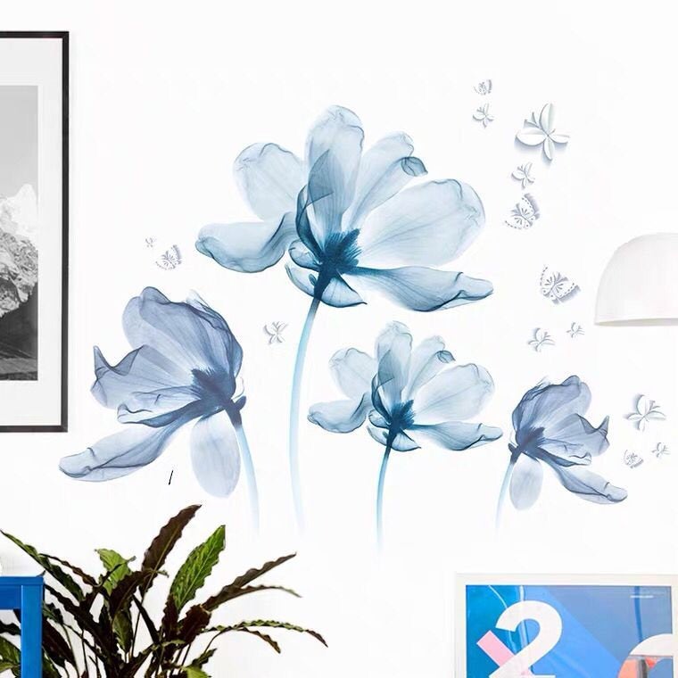 Elegant Four Separated Blue Flower Wall Sticker ,romantic Girls Room Decal,floral 3d Butterflyvinyl Decal, Living Room Decor,peel And Stick