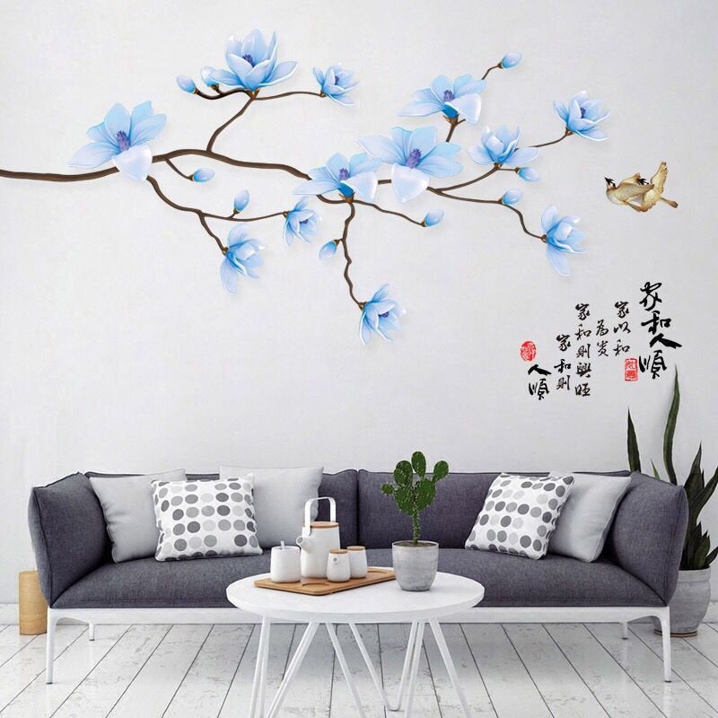 Elegant 3d Blue Flower Branch & Bird Wall Sticker ,romantic Girls Room Decal,floral Sofa Background Decal, Living Room Decor Chinese