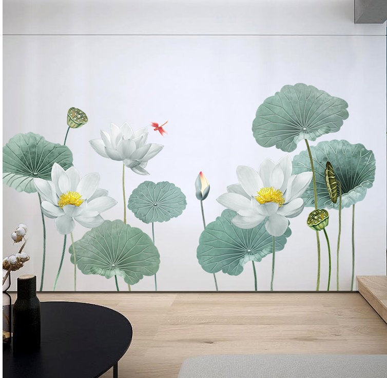 Big Lotus With Leaf Wall Sticker Fresh Green Planting Wall Decal, Natural Botany Wall Mural, Living Room Wall Decor ,greenery Peel Stick