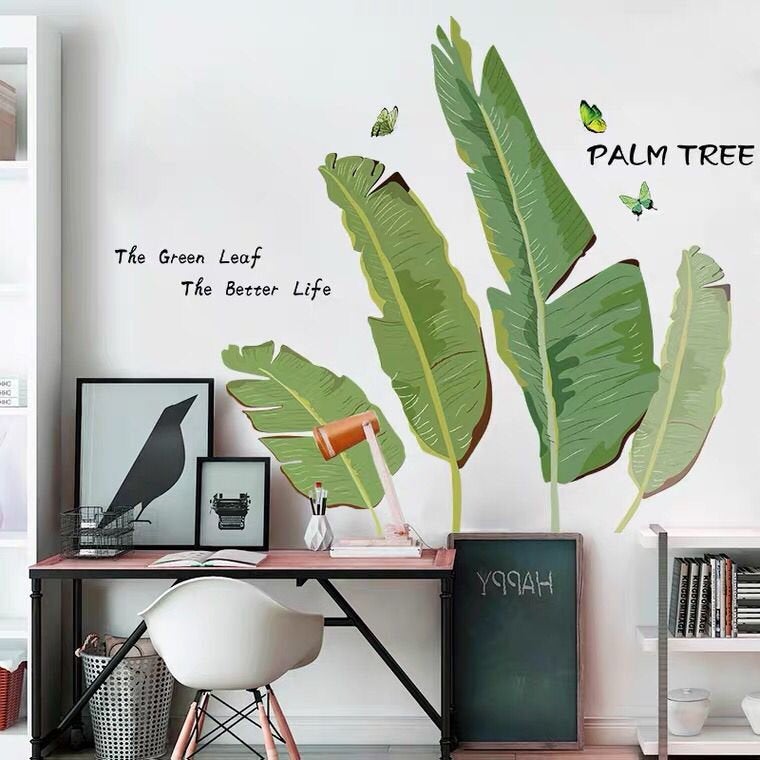 Tropical Palm Tree Leaf Wall Sticker Fresh Green Planting Wall Decal, Natural Botany Wall Mural, Living Room Wall Decor , Peel And Stick