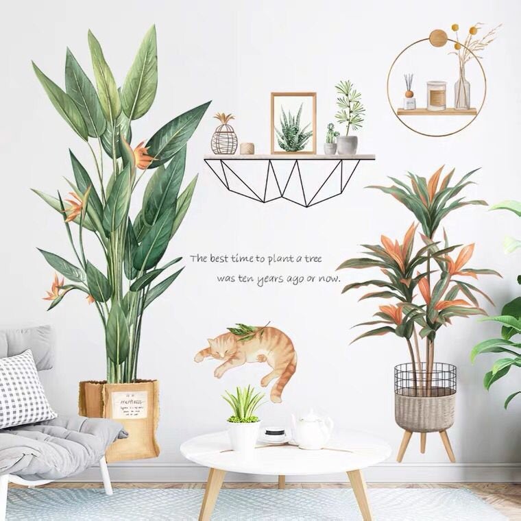 Flower Potted Plant And Cat Wall Sticker Green Leaves Planting Wall Decal, Shelves Living Room Decor,peel And Stick Nature Mural