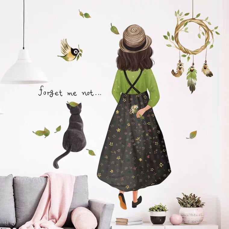 Back View Of Girl And Cat Wall Decals, Cute Little Girl And Animal Room Accent Vinyl Sticker, Flying Leaves And Bird Decor, Peel And Stick