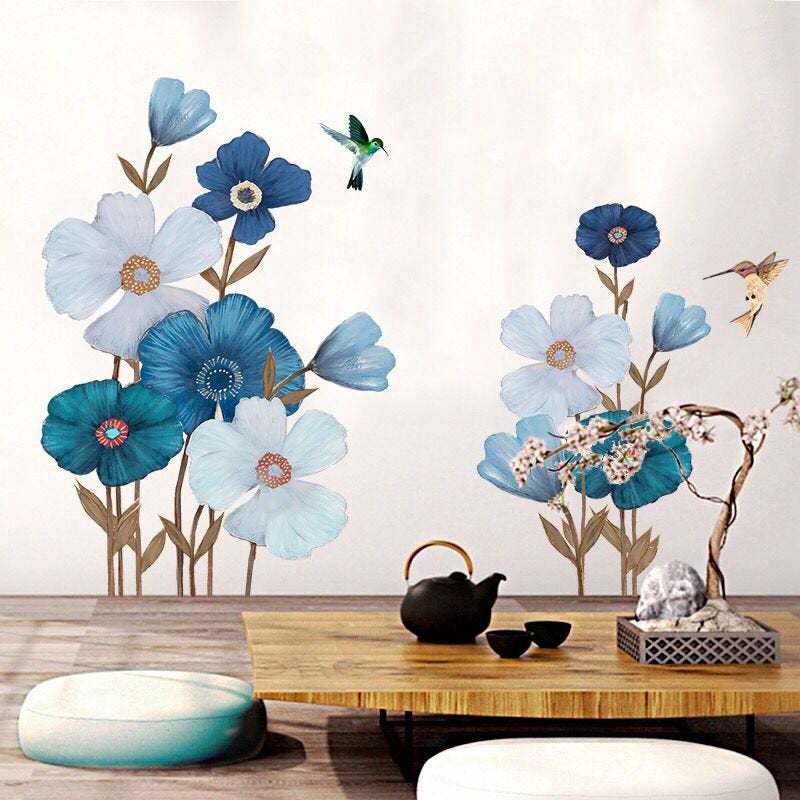 Elegant Blue Flower Wall Sticker Chinese Style Floral With Magpie Bird Vinyl Decal, Natural Botany Living Room Decor,girls Peel And Stick