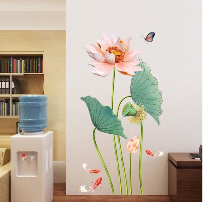 Elegant Chinese Style Lotus Flower Wall Sticker Pink Floral & Green Leaves Wall Decal, Natural Botany Carp Butterfly Living Room Decor