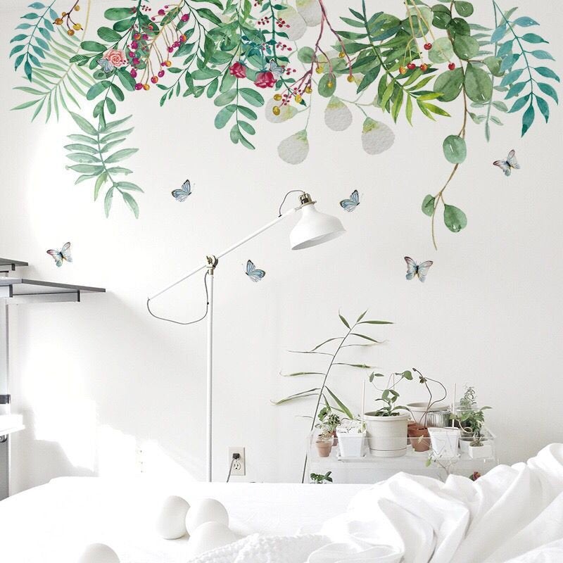 Romantic Dropping Flower Vines With Leaves Wall Decal, Natural Floral Plants Wall Stickers, Living Room Wall Decor ,peel And Stick E054