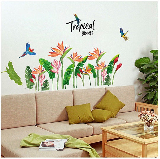 Tropical Banana Leaf Parrot Wall Sticker Green Planting Red Flowers Wall Decal, Natural Botany Living Room Wall Decor ,greenery Peel Stick