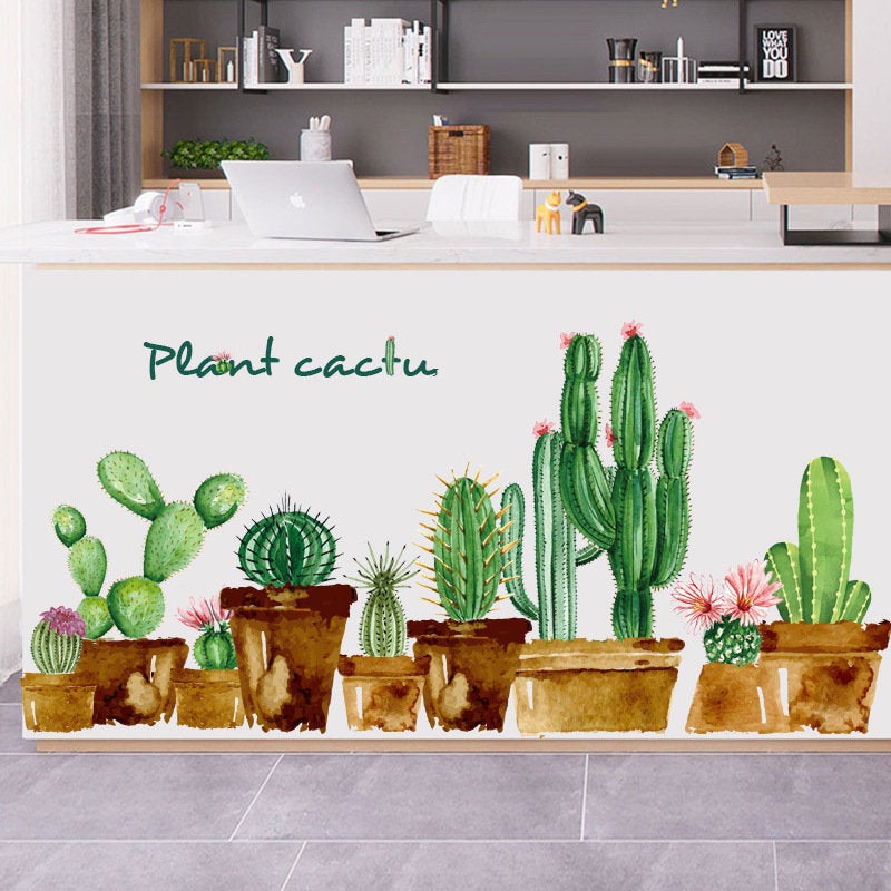 Fresh Green Cactus Pots Wall Stickers ,potted Plants Wall Decals, Kids Room Decors, Garden Flowers Mural,peel And Stick